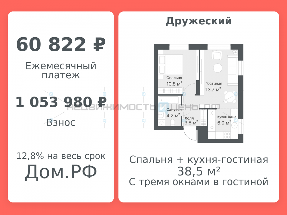 2 комн., 38.5м2, 13/14, Дружеский, Тюмень