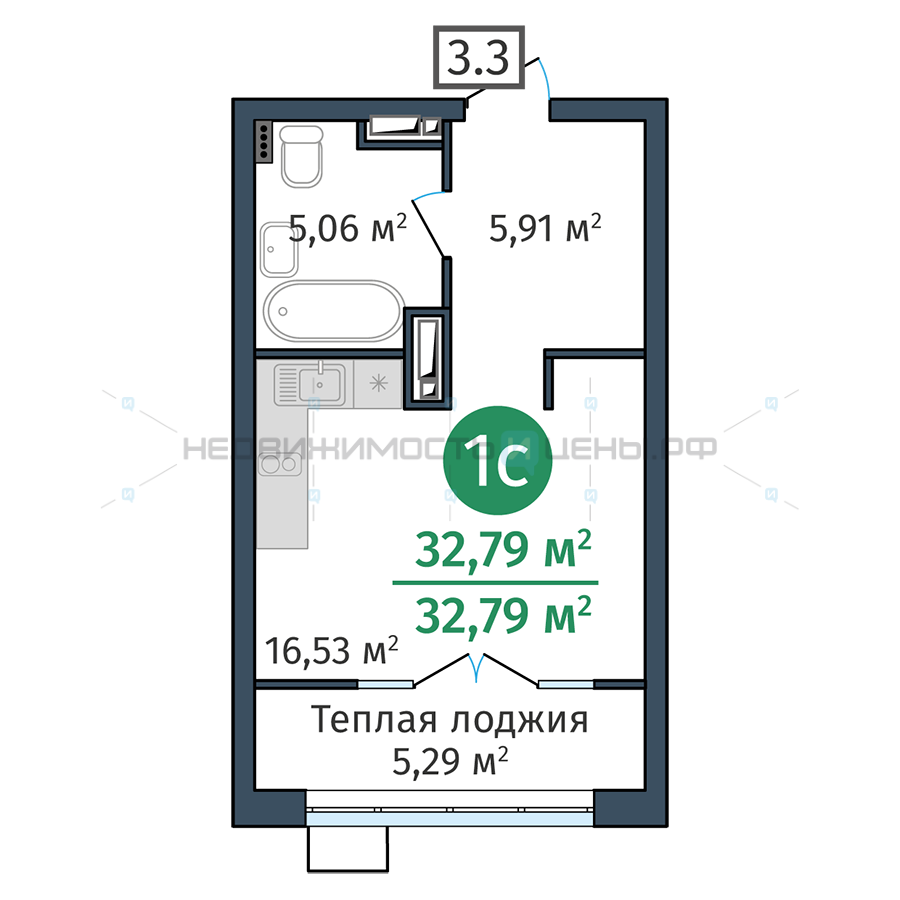 Студия, 32.79м2, 16/24, Док (DOK), Тюмень