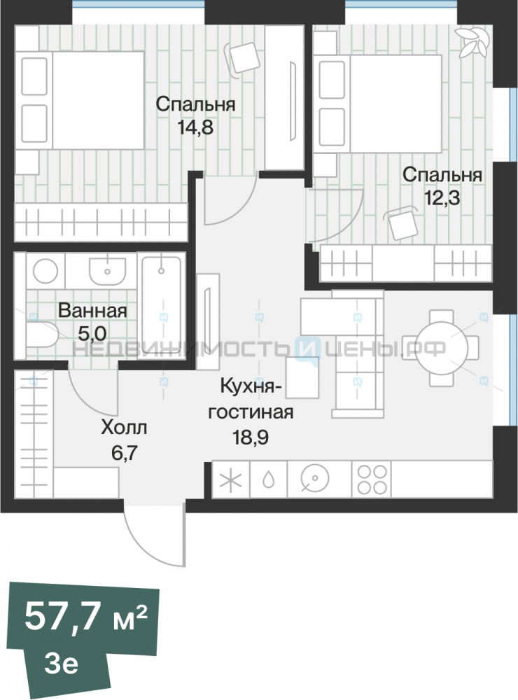 2 комн., 57.75м2, 2/4, Эклипт, Тюмень