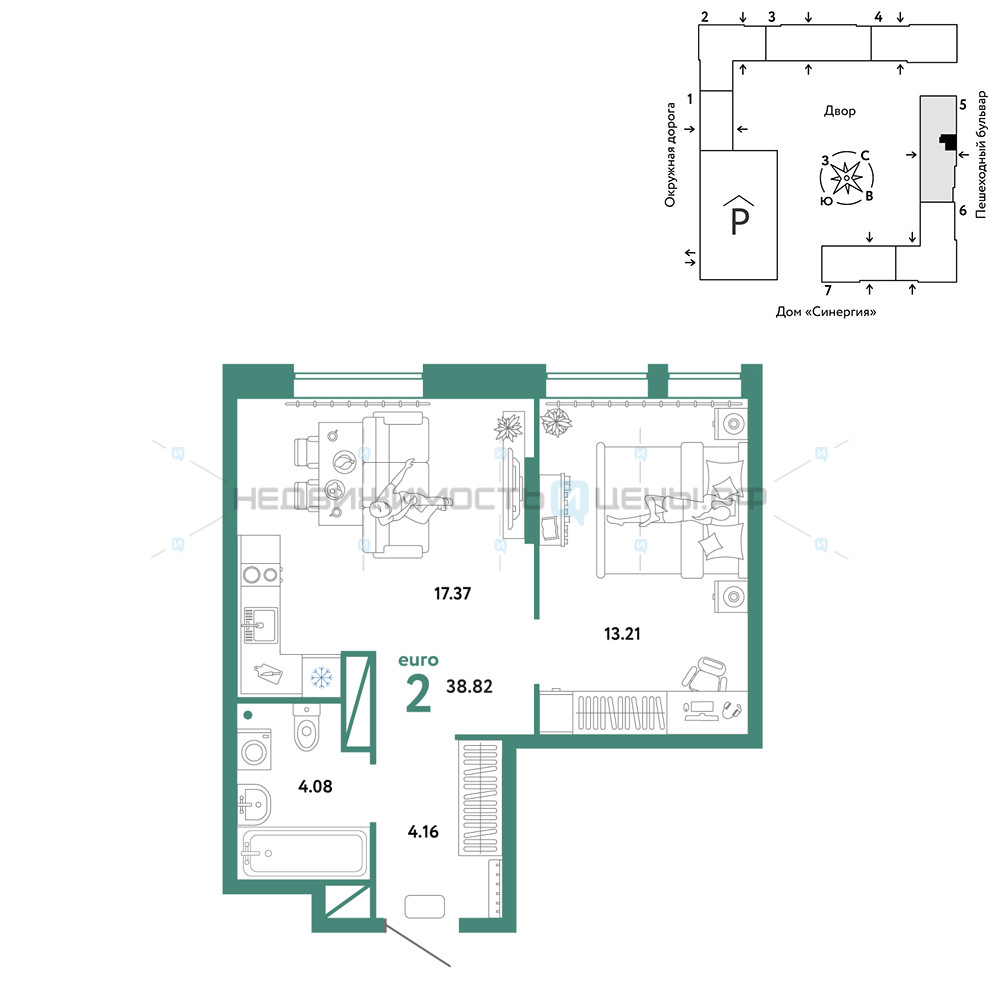 2 комн., 38.82м2, 15/16, Юнион, Тюмень