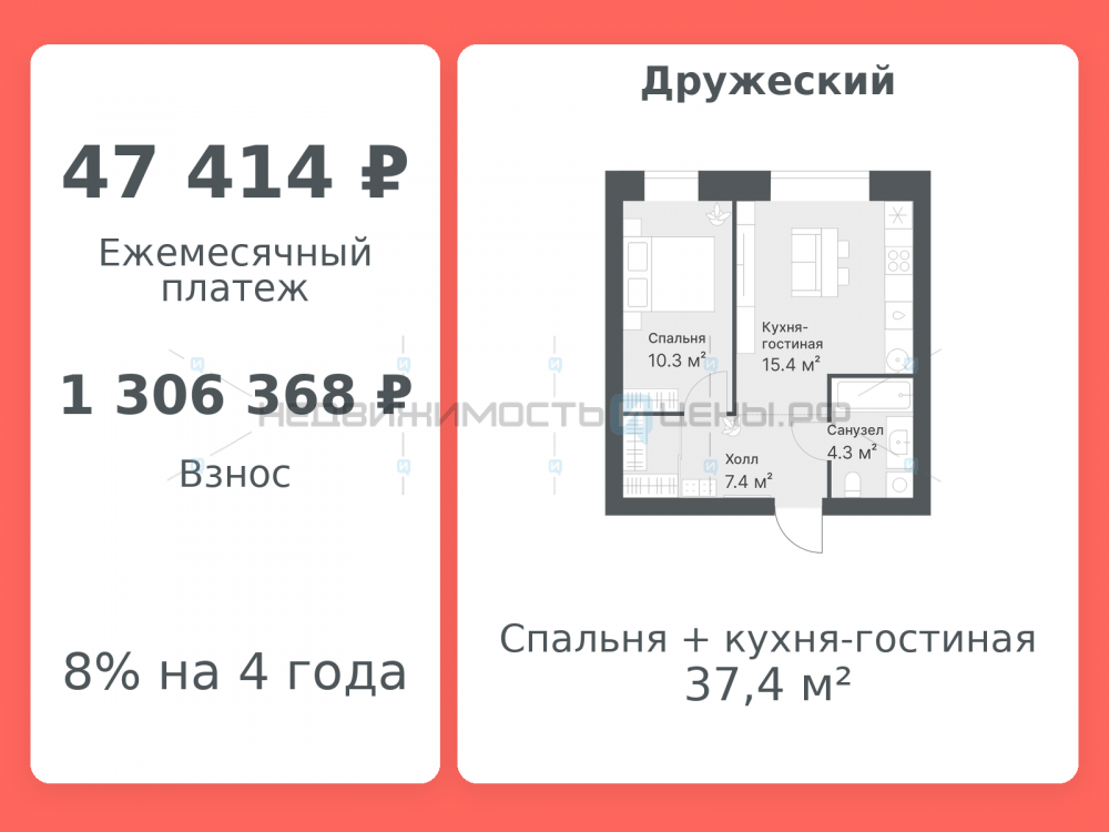 1 комн., 37.4м2, 2/14, Дружеский, Тюмень