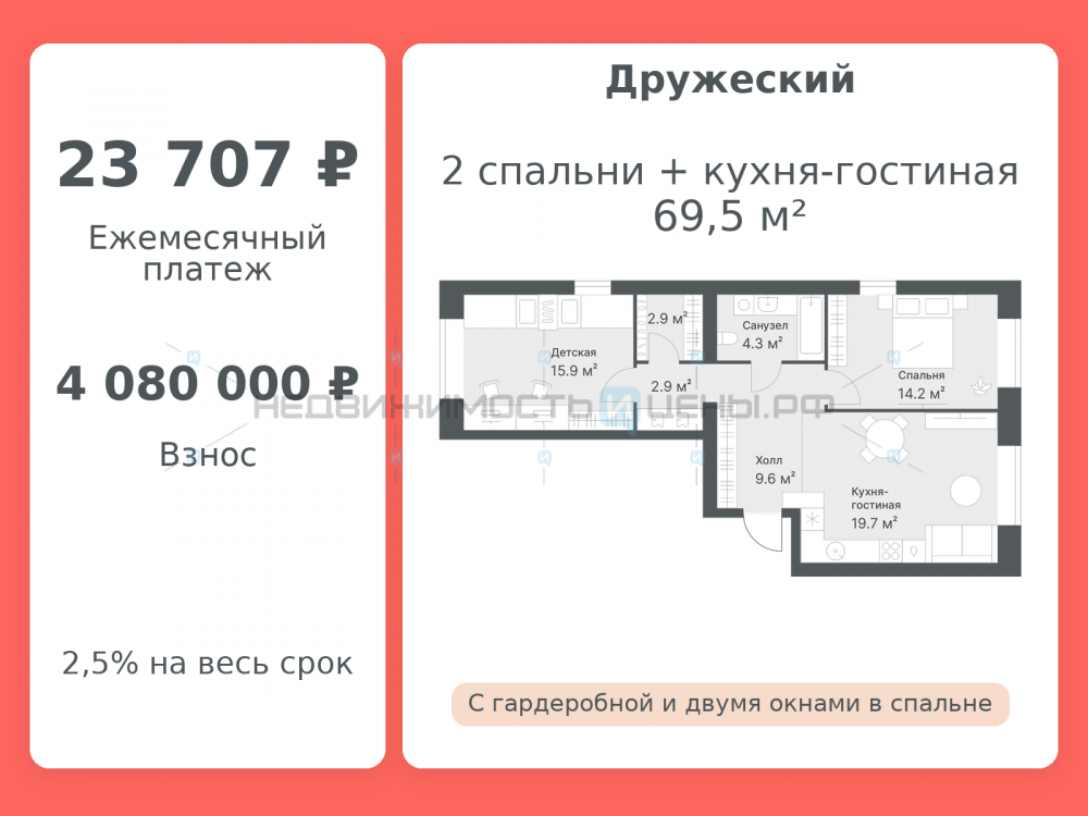 2 комн., 69.5м2, 8/8, Дружеский, Тюмень