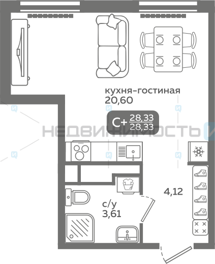 1 комн., 28.33м2, 9/21, Меридиан Слобода, Тюмень