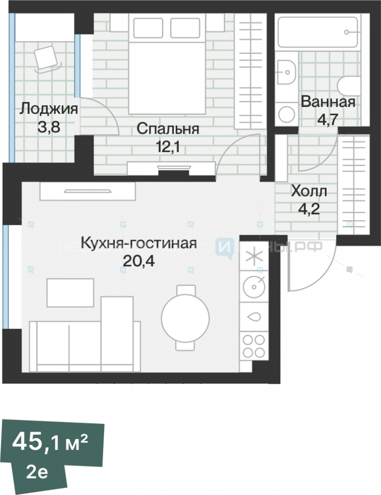 1 комн., 43.19м2, 2/4, Эклипт, Тюмень