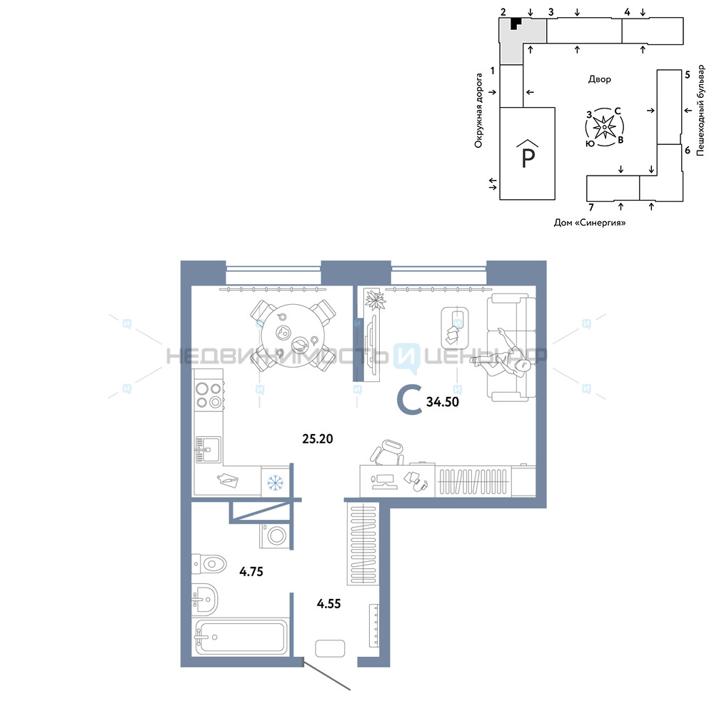 Студия, 34.5м2, 7/16, Юнион, Тюмень