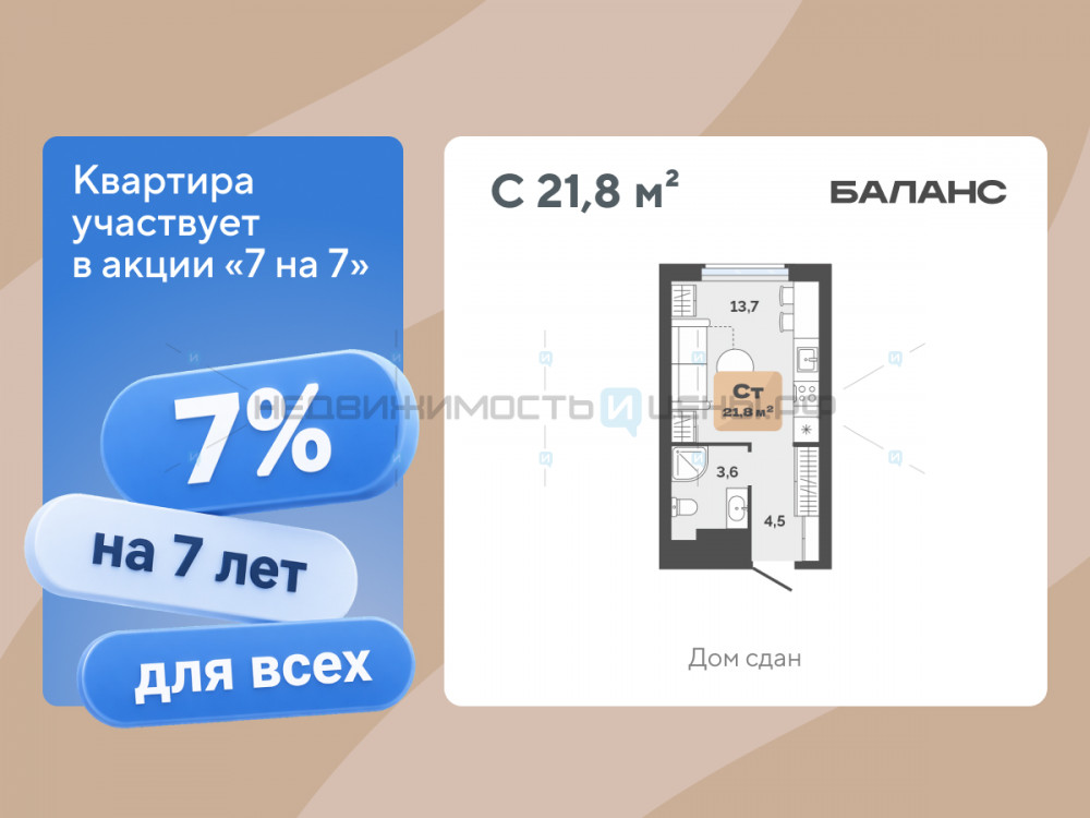 Студия, 21.8м2, 15/23, Баланс, Тюмень
