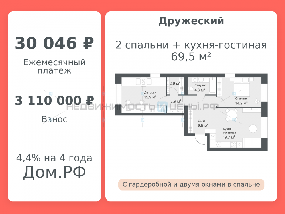 2 комн., 69.5м2, 8/8, Дружеский, Тюмень