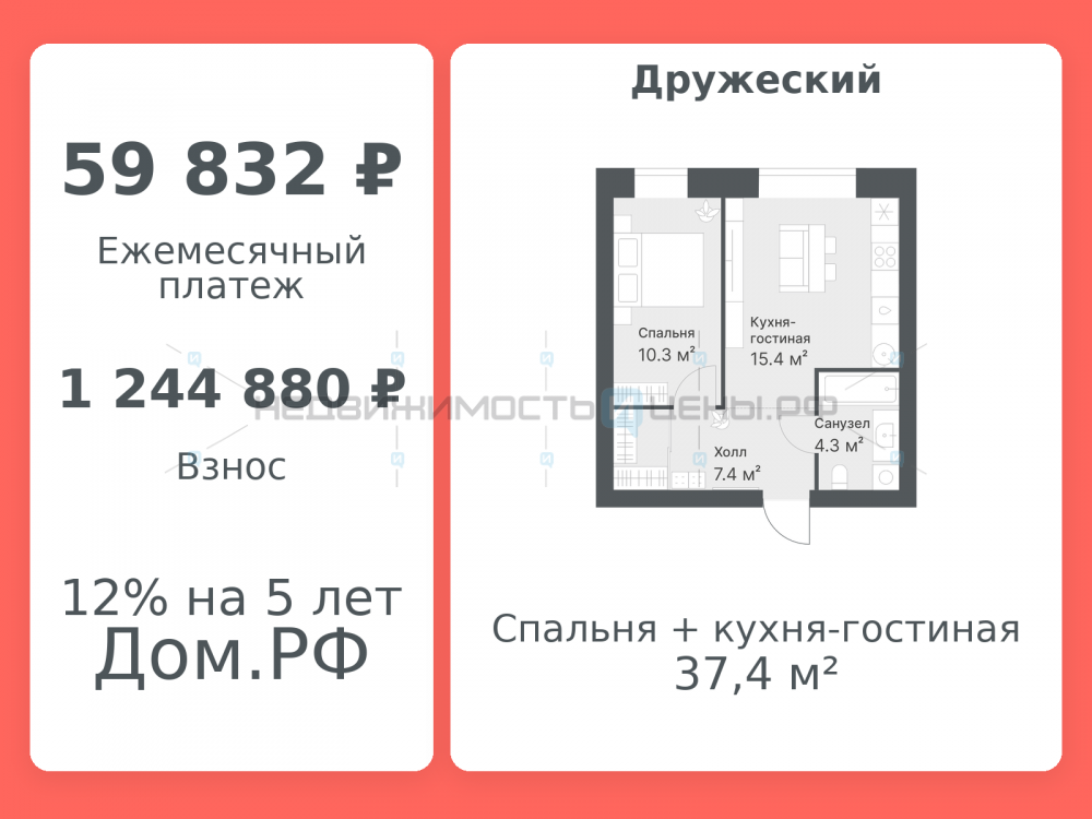 1 комн., 37.4м2, 2/14, Дружеский, Тюмень