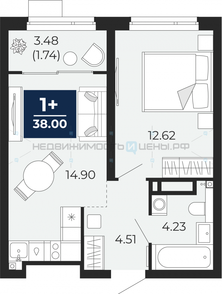 1 комн., 39.74м2, 3/23, Тюмень