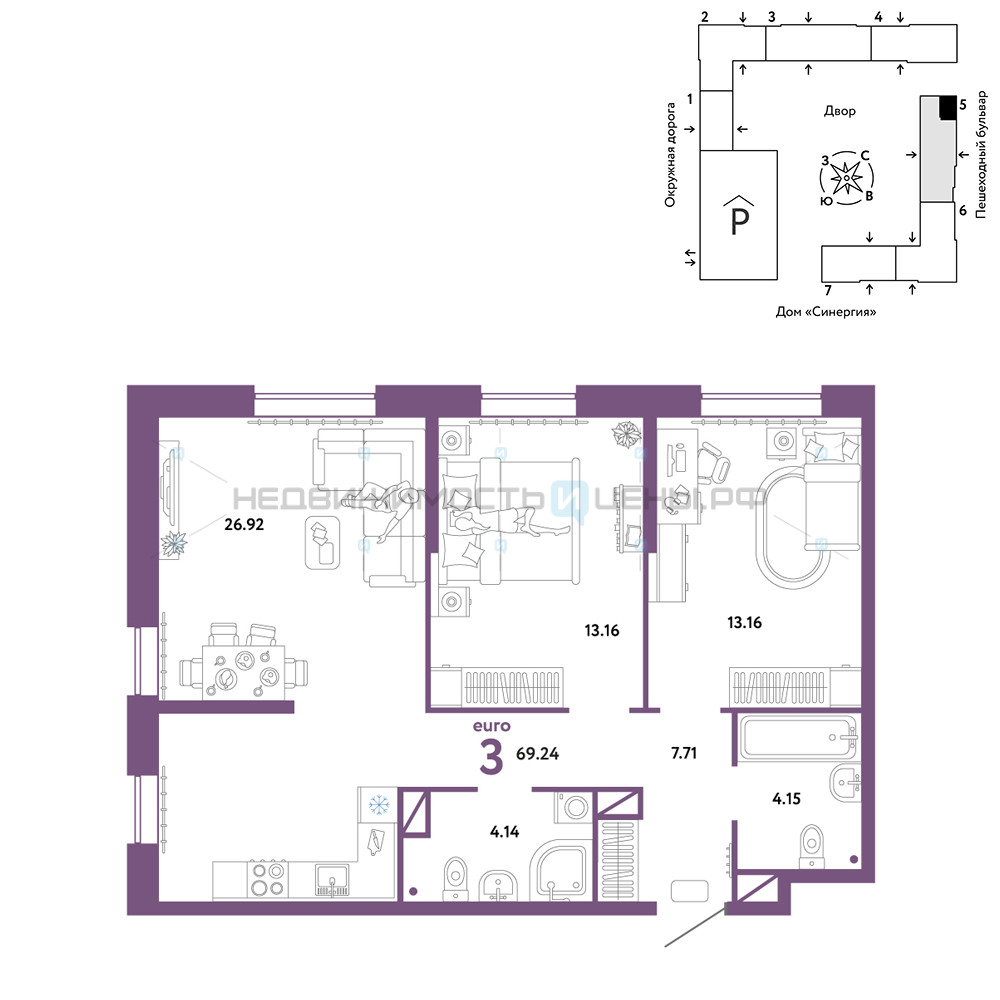 3 комн., 69.24м2, 12/16, Юнион, Тюмень