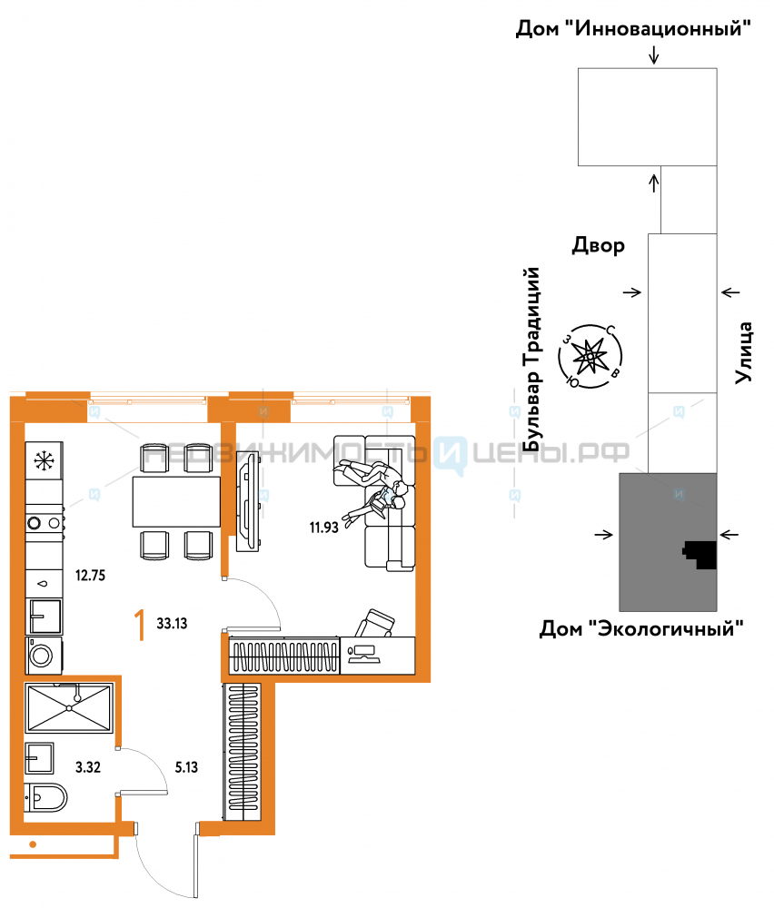 1 комн., 33.13м2, 3/15, Домашний, Тюмень
