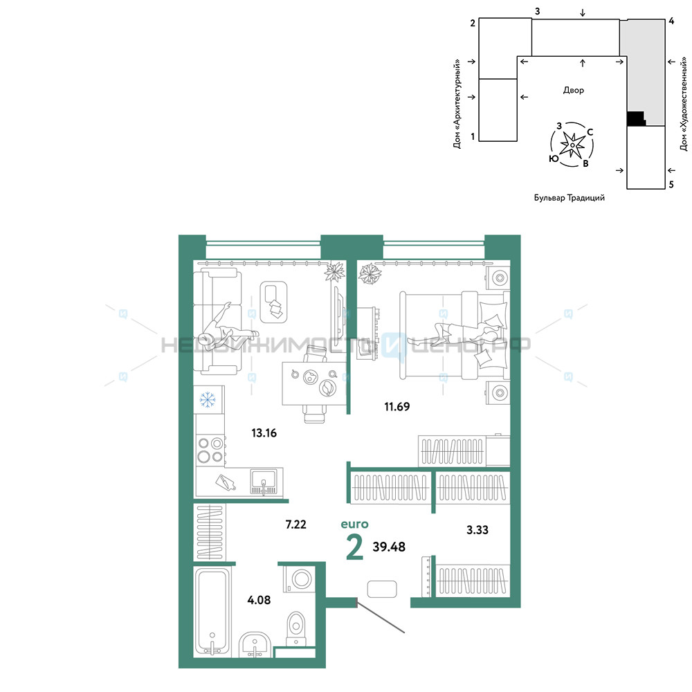 2 комн., 39.48м2, 12/15, Домашний, Тюмень