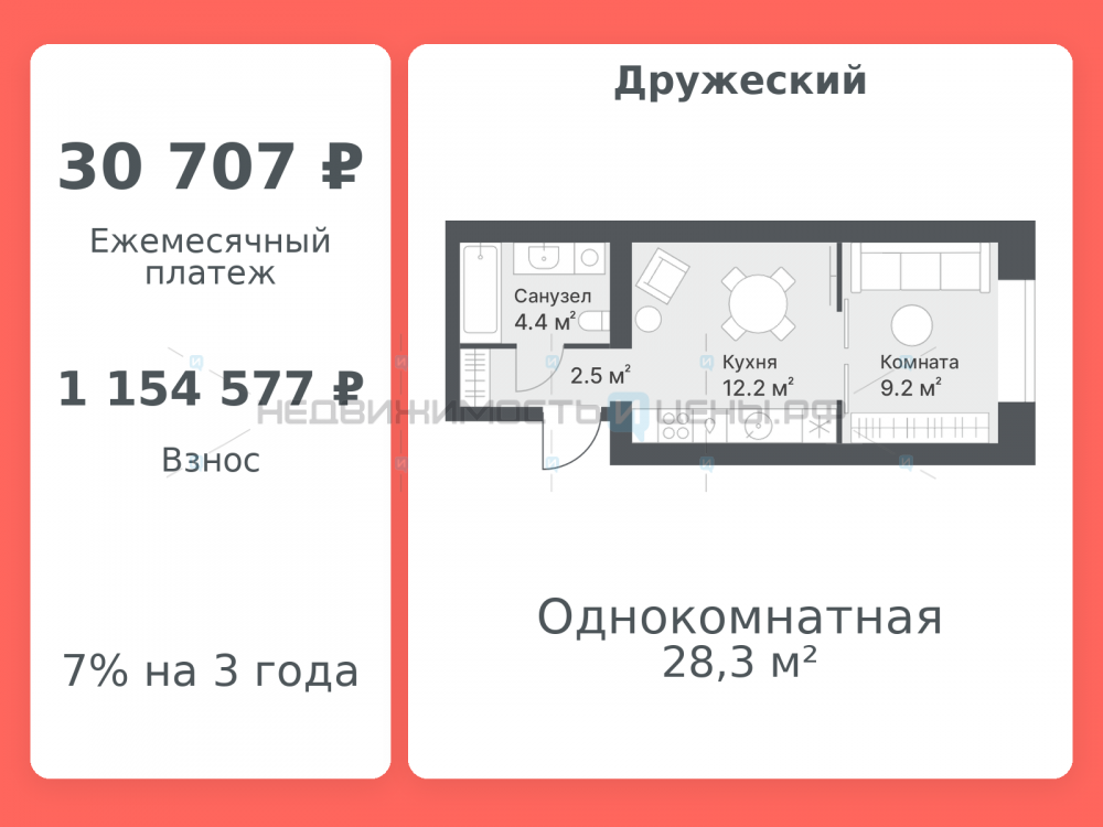 1 комн., 28.3м2, 10/14, Дружеский, Тюмень