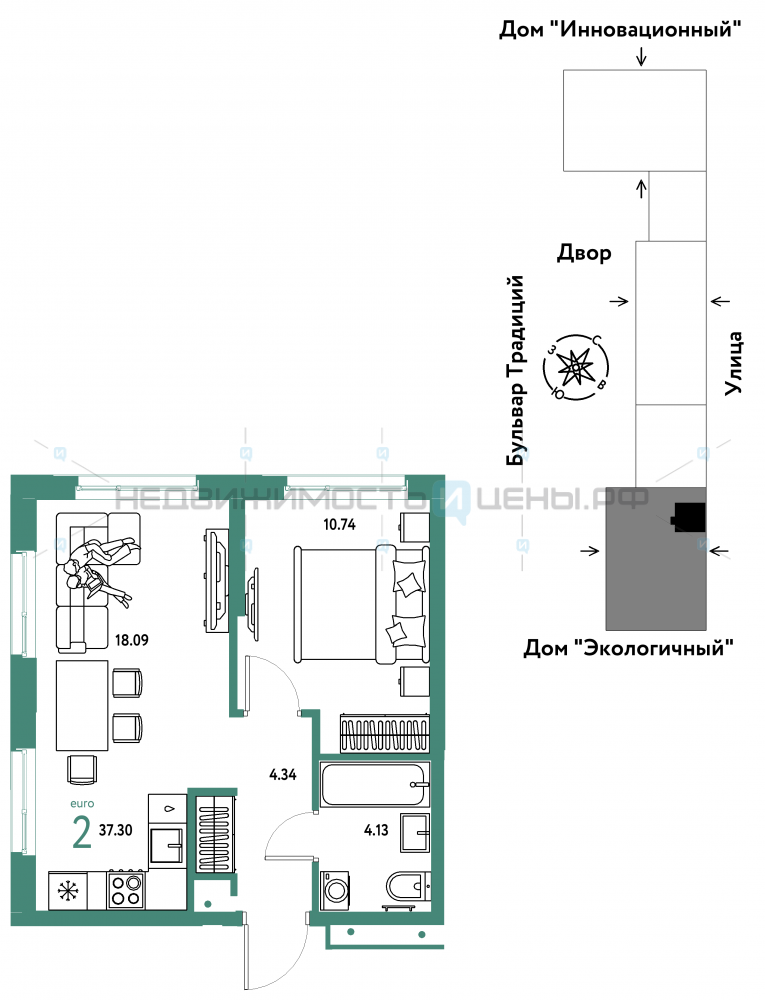 2 комн., 37.3м2, 15/15, Домашний, Тюмень