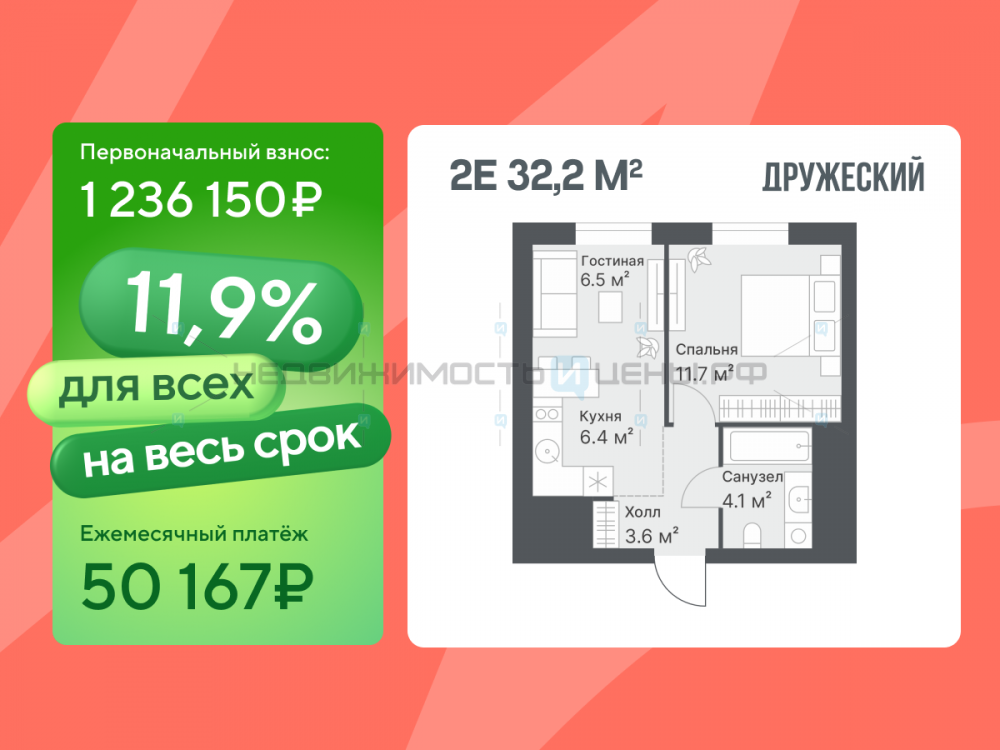 1 комн., 32.2м2, 13/14, Дружеский, Тюмень