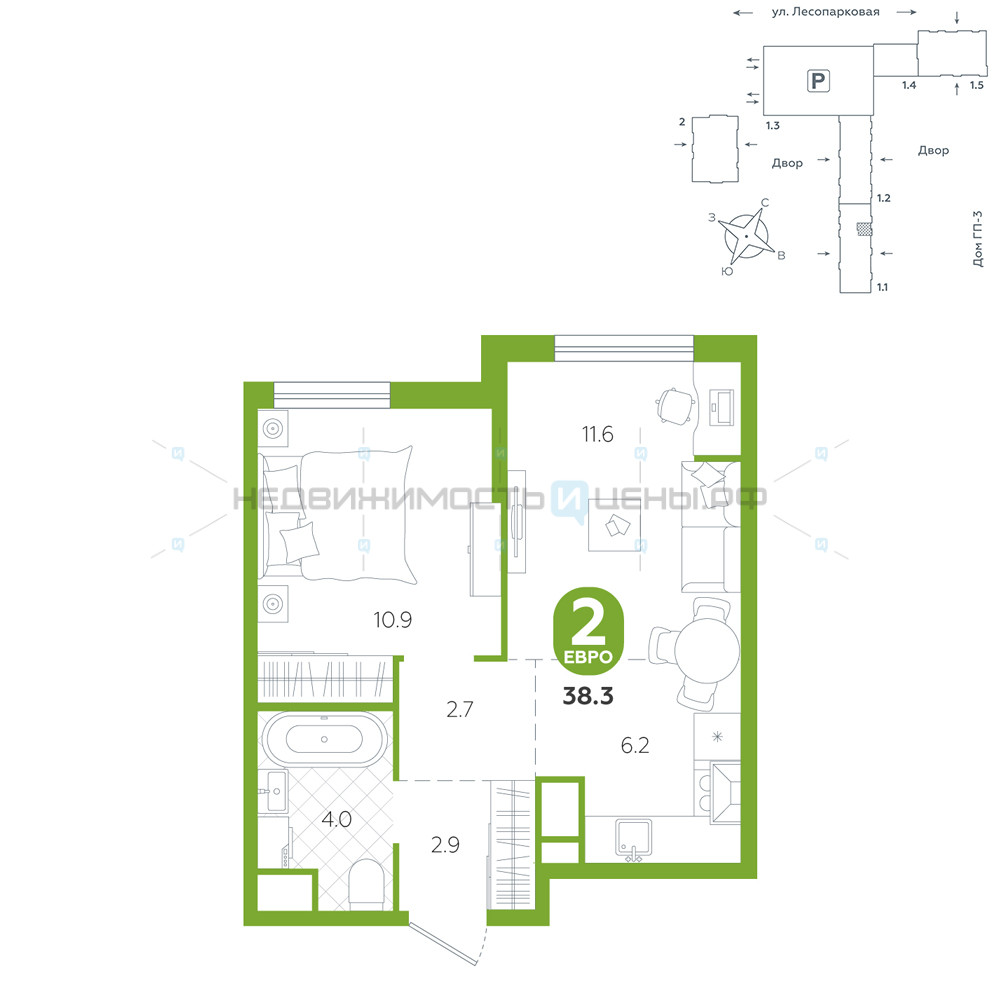 1 комн., 38.3м2, 7/24, Чистые пруды, Тюмень