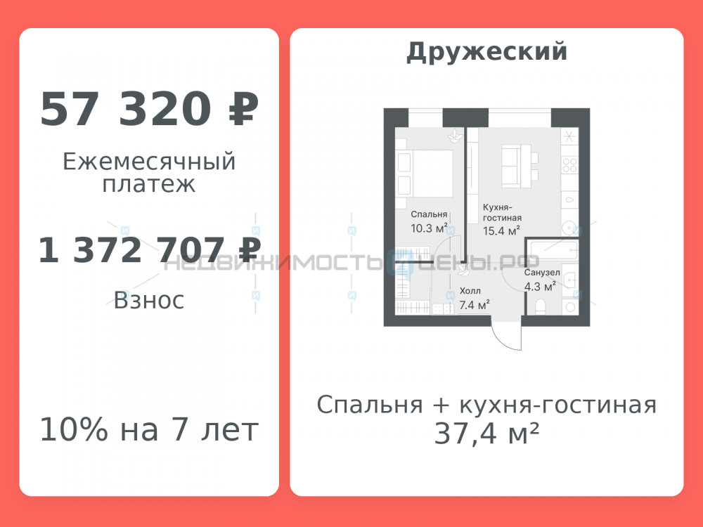 1 комн., 37.4м2, 2/14, Дружеский, Тюмень