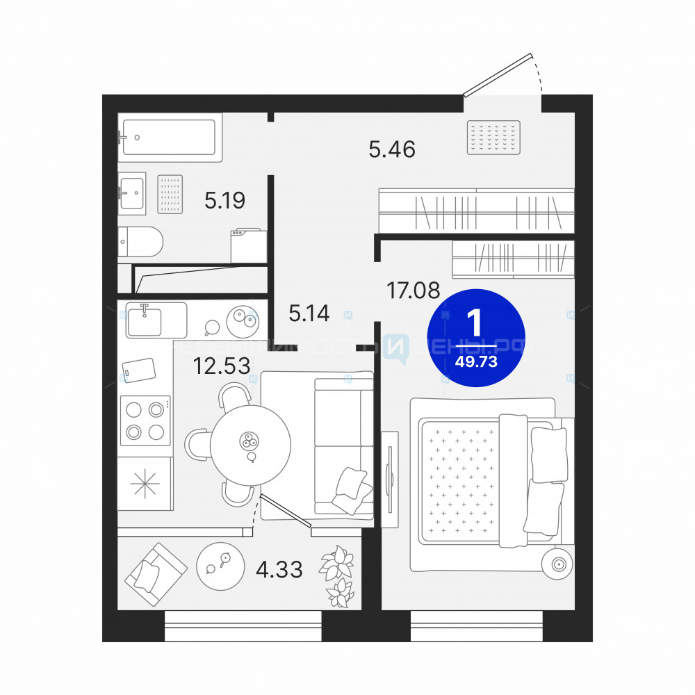 1 комн., 49.73м2, 9/23, Северное Сияние, Тюмень