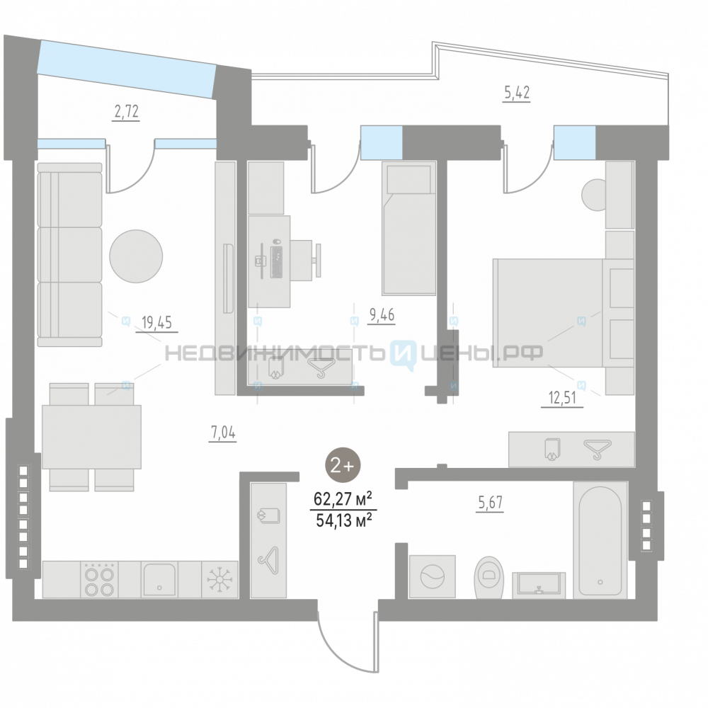 2 комн., 62.27м2, 4/4, Кипрея. Квартиры, Тюмень