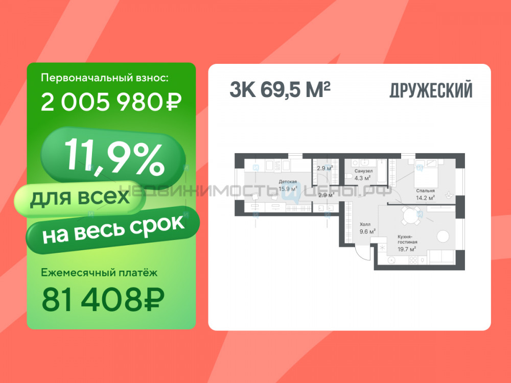 3 комн., 69.5м2, 8/8, Дружеский, Тюмень