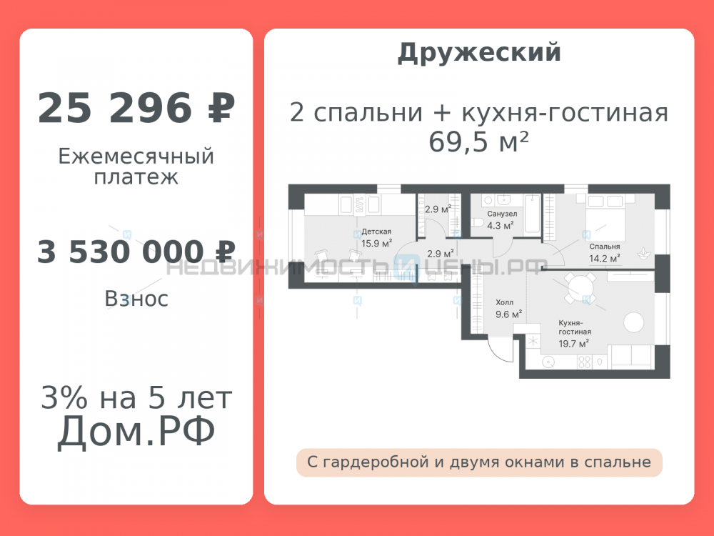 2 комн., 69.5м2, 8/8, Дружеский, Тюмень