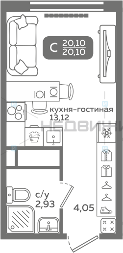 1 комн., 20.1м2, 9/21, Меридиан Слобода, Тюмень