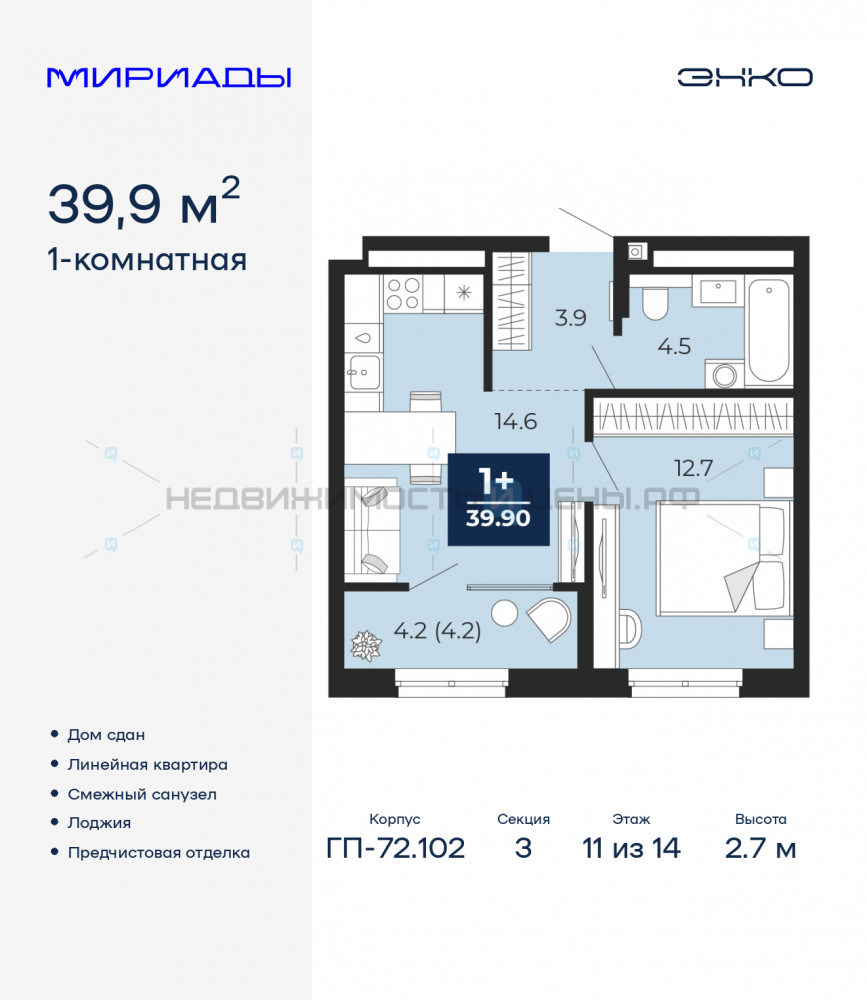 1 комн., 39.9м2, 11/14, Тюмень