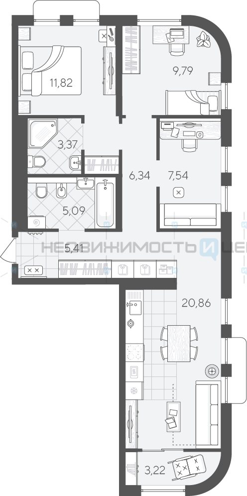 3 комн., 73.44м2, 9/9, Скандиа. Квартал в Комарово Парк, Тюмень