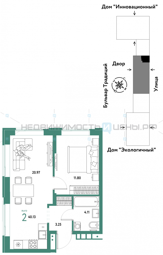 2 комн., 40.13м2, 7/15, Домашний, Тюмень