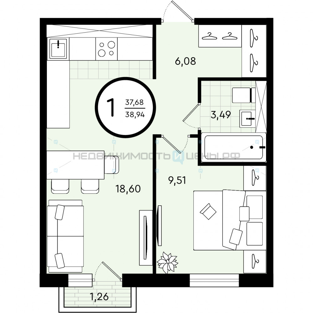 1 комн., 38.94м2, 4/4, Зеленые Аллеи, Тюмень