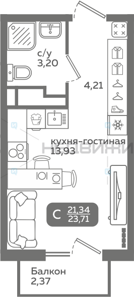 1 комн., 21.34м2, 7/21, Меридиан Слобода, Тюмень
