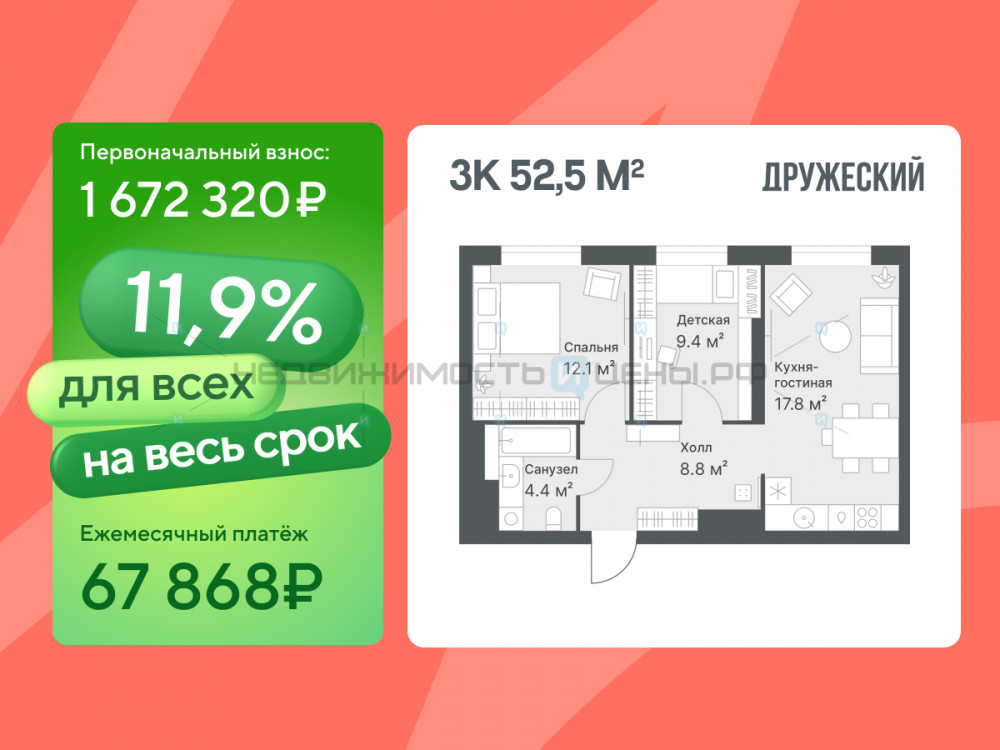 3 комн., 52.5м2, 12/14, Дружеский, Тюмень