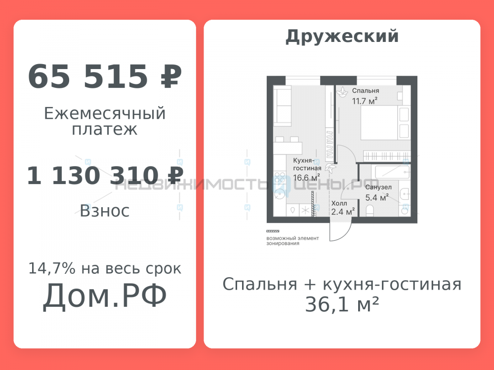 1 комн., 36.1м2, 1/14, Дружеский, Тюмень