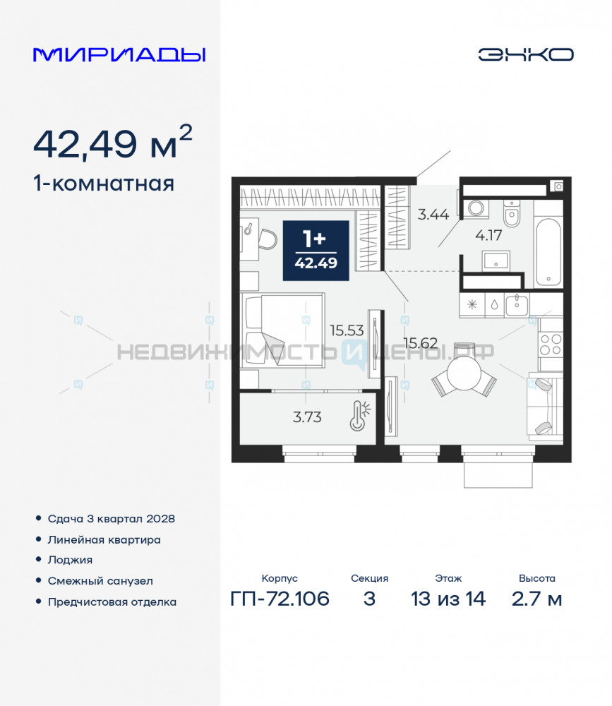 1 комн., 42.49м2, 13/14, Мириады, Тюмень