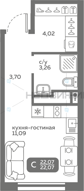 1 комн., 22.07м2, 4/20, Меридиан Слобода, Тюмень