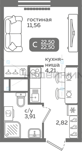 1 комн., 22.5м2, 14/21, Меридиан Слобода, Тюмень