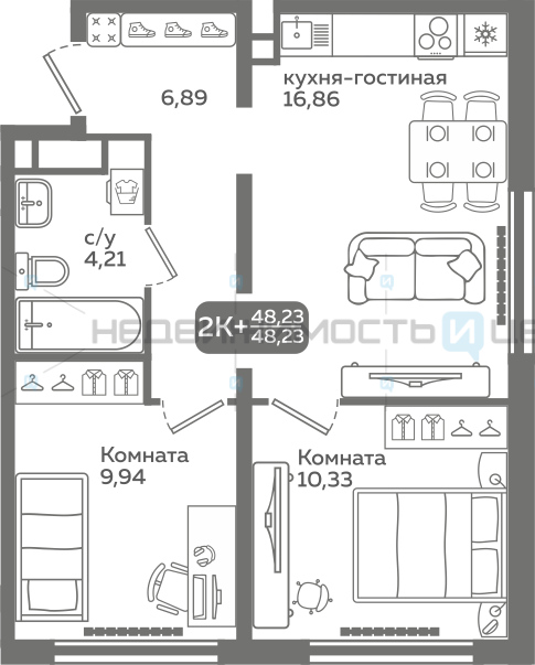 2 комн., 48.23м2, 19/21, Меридиан Слобода, Тюмень