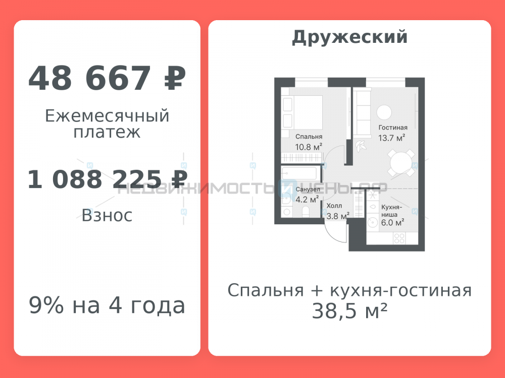 2 комн., 38.5м2, 13/14, Дружеский, Тюмень