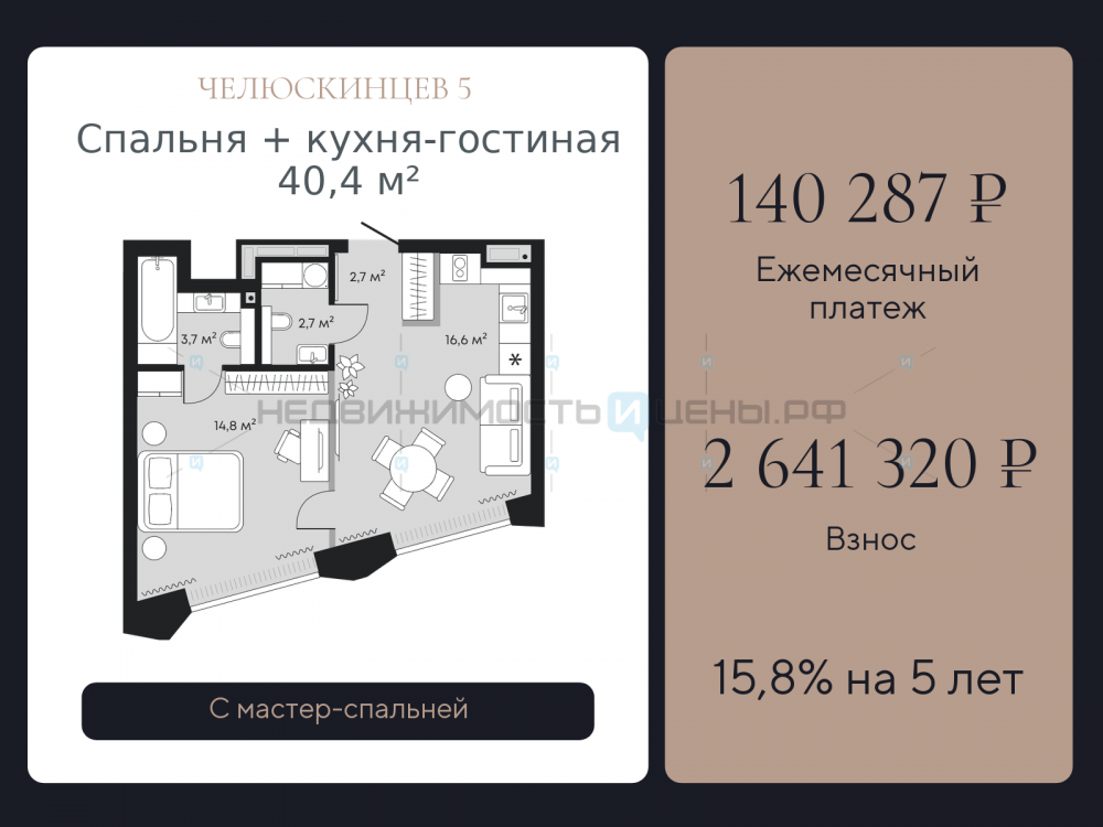 1 комн., 40.4м2, 3/9, Челюскинцев 5, Тюмень