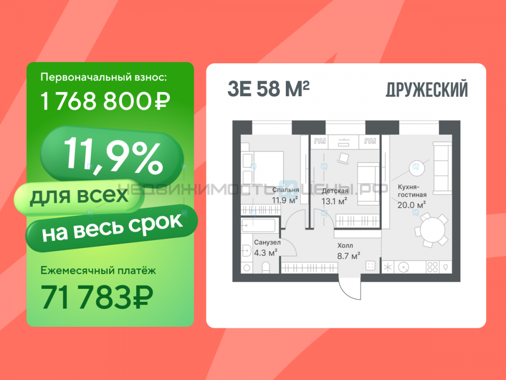 2 комн., 58м2, 9/14, Дружеский, Тюмень
