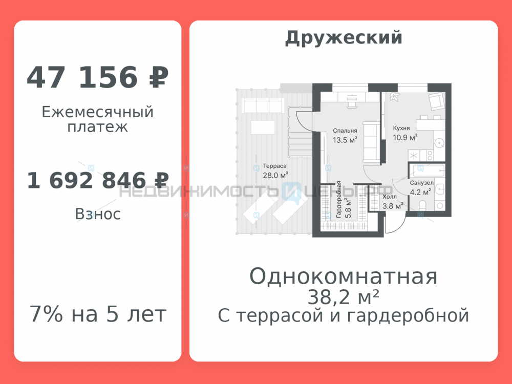 1 комн., 38.2м2, 12/14, Дружеский, Тюмень