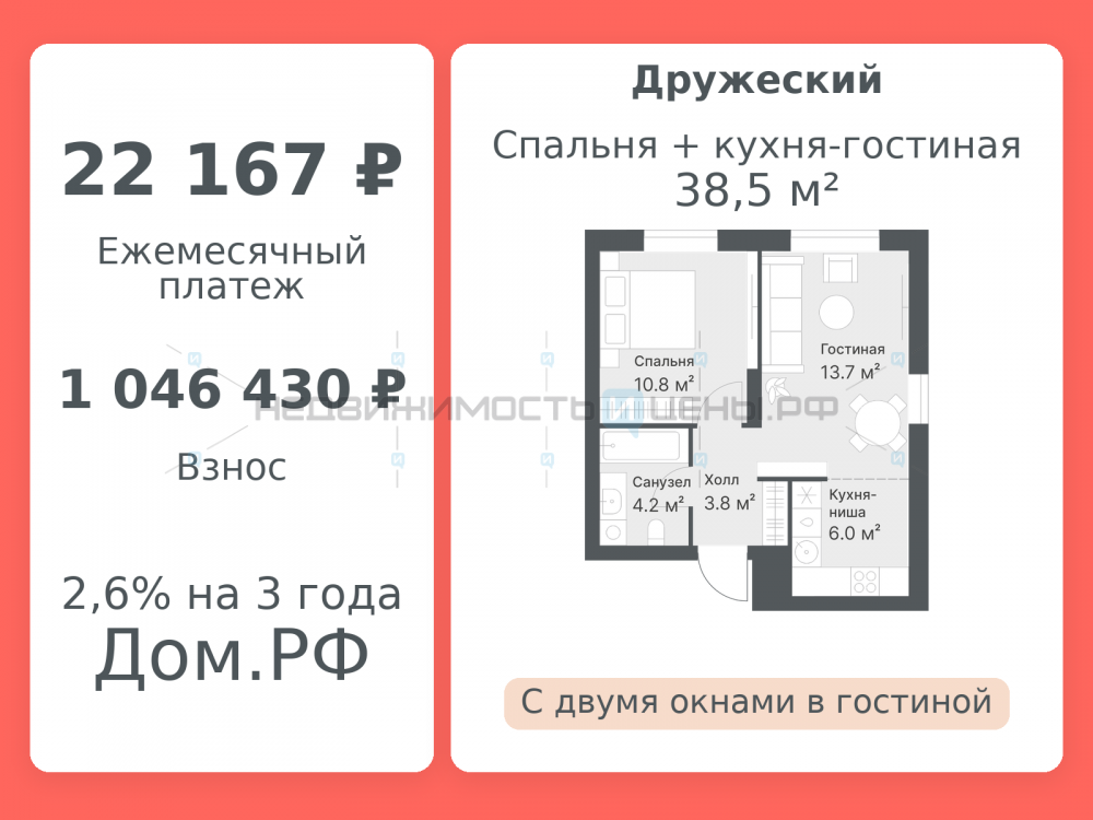 2 комн., 38.5м2, 14/14, Дружеский, Тюмень
