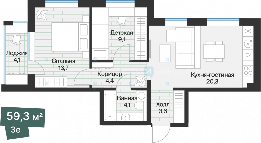 2 комн., 57.23м2, 3/4, Эклипт, Тюмень