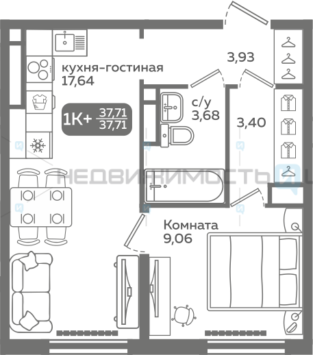 1 комн., 37.71м2, 10/21, Меридиан Слобода, Тюмень