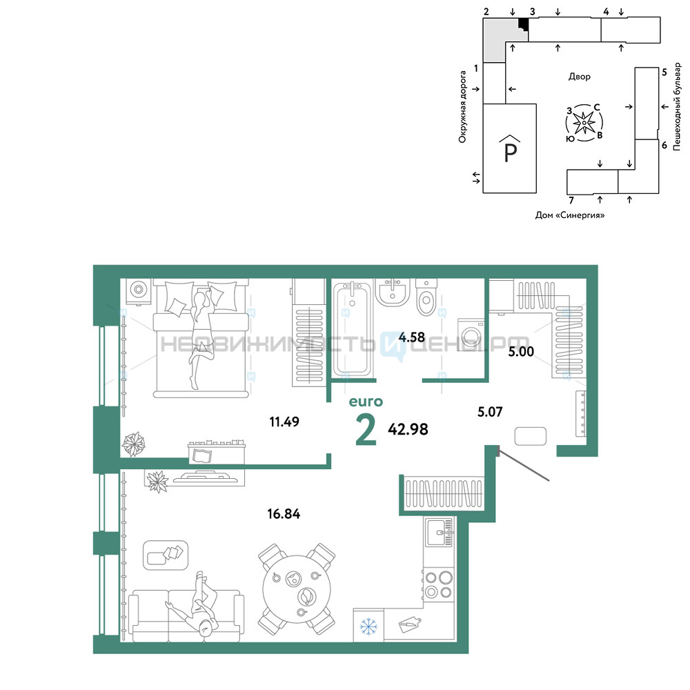 2 комн., 42.98м2, 2/16, Юнион, Тюмень