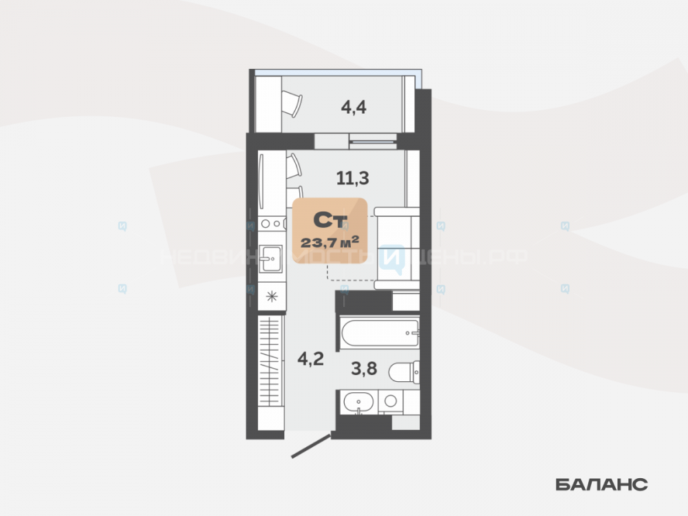 Студия, 21.5м2, 17/17, Баланс, Тюмень