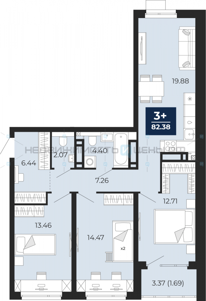 3 комн., 84.06м2, 14/22, Тюмень