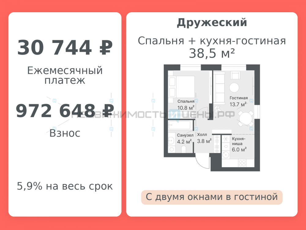 2 комн., 38.5м2, 14/14, Дружеский, Тюмень