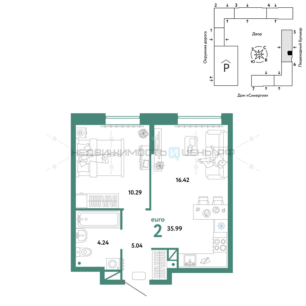 2 комн., 35.99м2, 6/16, Юнион, Тюмень
