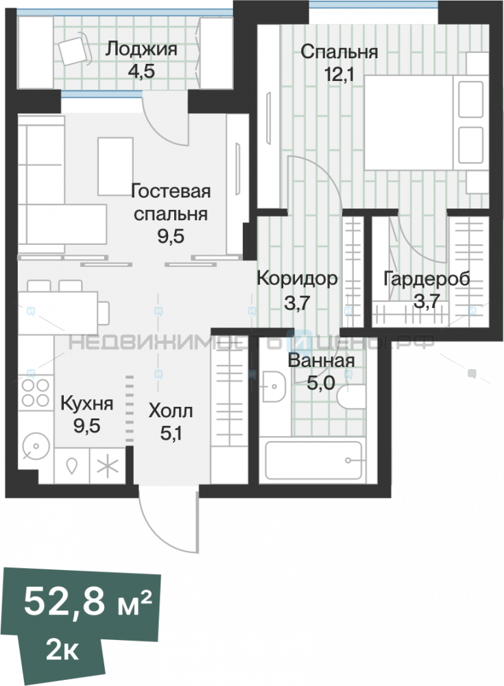 1 комн., 50.54м2, 3/4, Эклипт, Тюмень